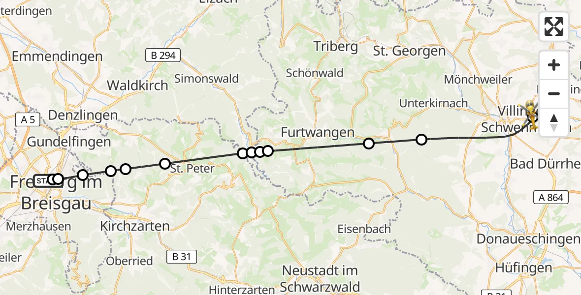 Flugroute Ambulanzhubschrauber Freiburg University Hospital Heliport 1 - DRF Air Rescue Station Villingen-Schwenningen Hubschrauberlandeplatz (Christoph 11), 27 Mai 2026, 22:37