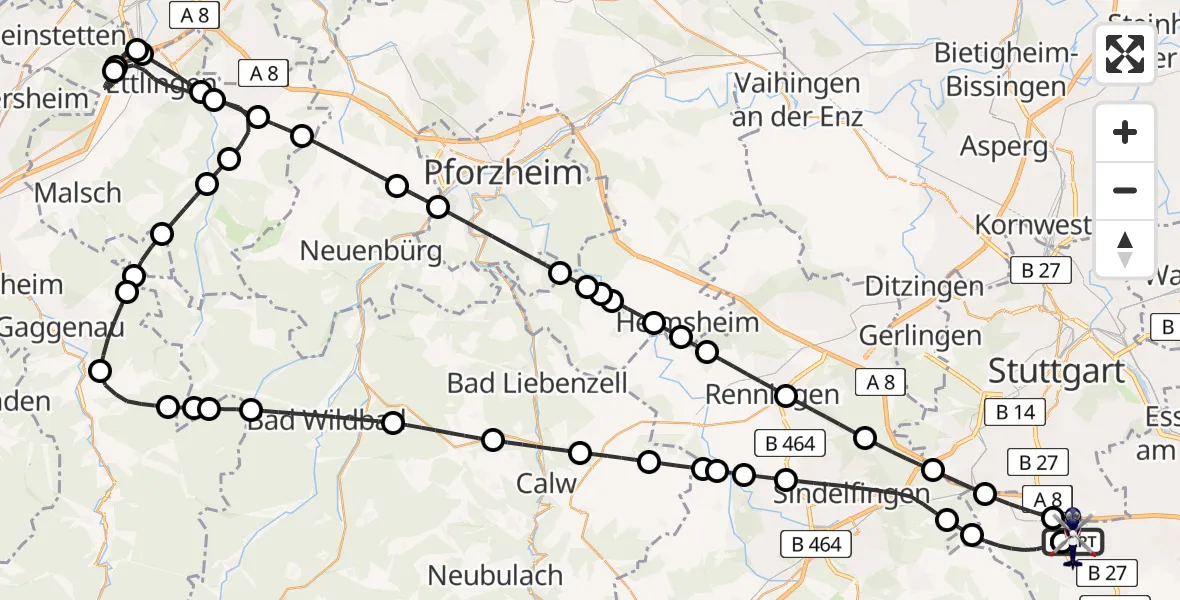 Flugroute Polizeihubschrauber Flughafen Stuttgart - Flughafen Stuttgart, 27 Mai 2026, 22:42