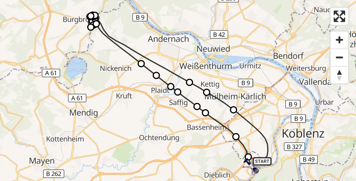 Flugroute Polizeihubschrauber Koblenz - Winningen, 27 Mai 2026, 22:43