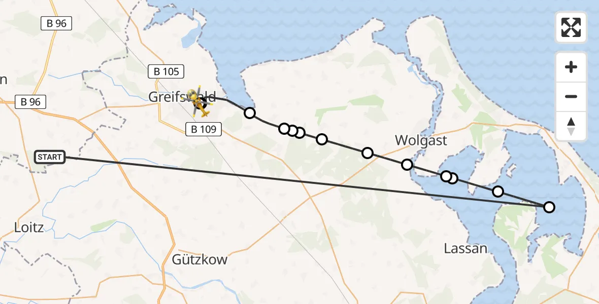 Flugroute Rettungshubschrauber Süderholz - Greifswald Hospital, 27 Mai 2026, 22:45
