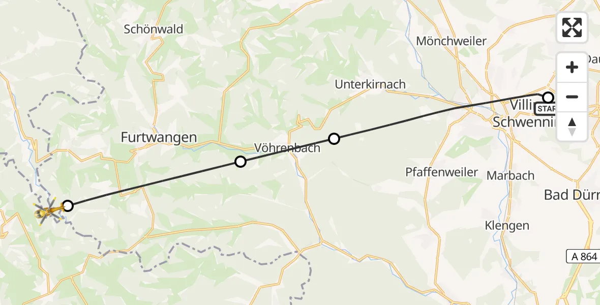Flugroute Ambulanzhubschrauber DRF Air Rescue Station Villingen-Schwenningen Hubschrauberlandeplatz (Christoph 11) - Simonswald, 27 Mai 2026, 23:29