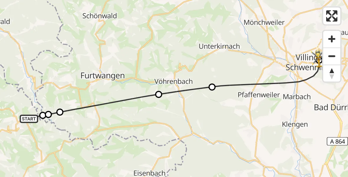 Flugroute Ambulanzhubschrauber St. Märgen - DRF Air Rescue Station Villingen-Schwenningen Hubschrauberlandeplatz (Christoph 11), 28 Mai 2026, 00:19