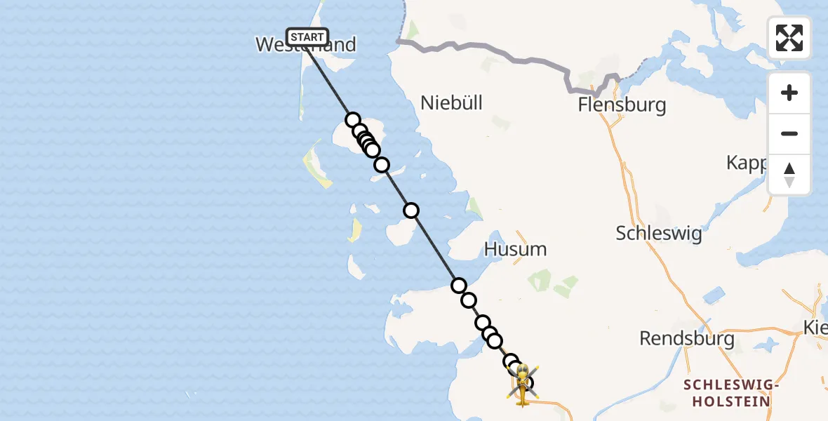 Flugroute Rettungshubschrauber Sylt - Heide, 28 Mai 2026, 00:20