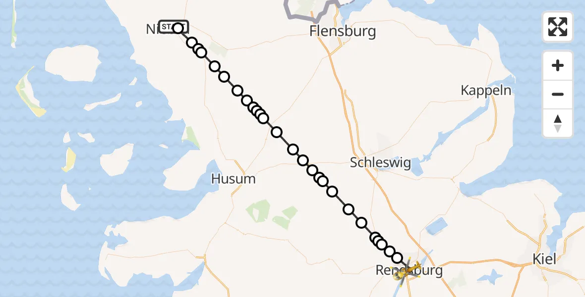 Flugroute Ambulanzhubschrauber Niebüll - Rendsburg, 28 Mai 2026, 00:28