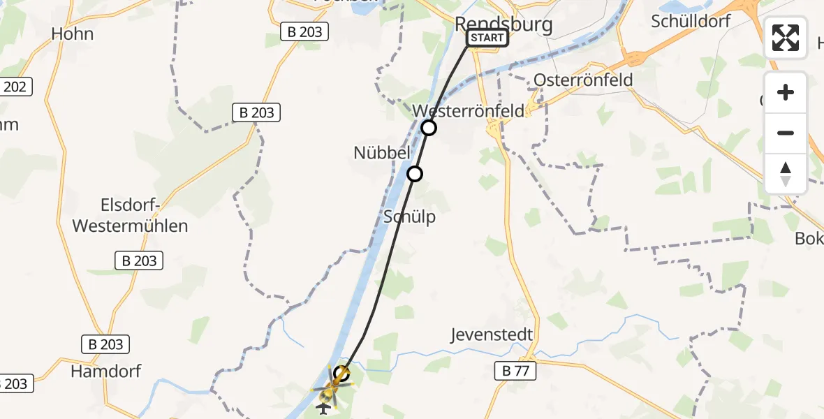 Flugroute Ambulanzhubschrauber Rendsburg - Rendsburg-Schachtholm Flugplatz, 28 Mai 2026, 01:22