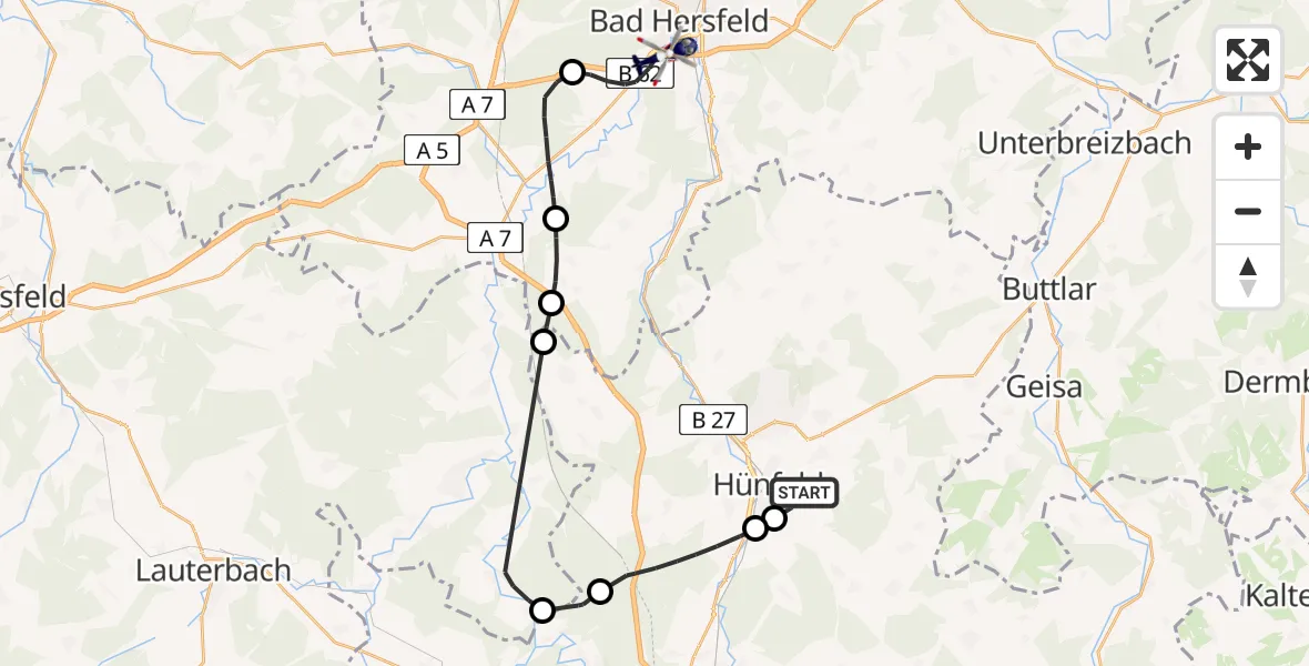 Flugroute Polizeihubschrauber Hünfeld - Bad Hersfeld, 28 Mai 2026, 03:59