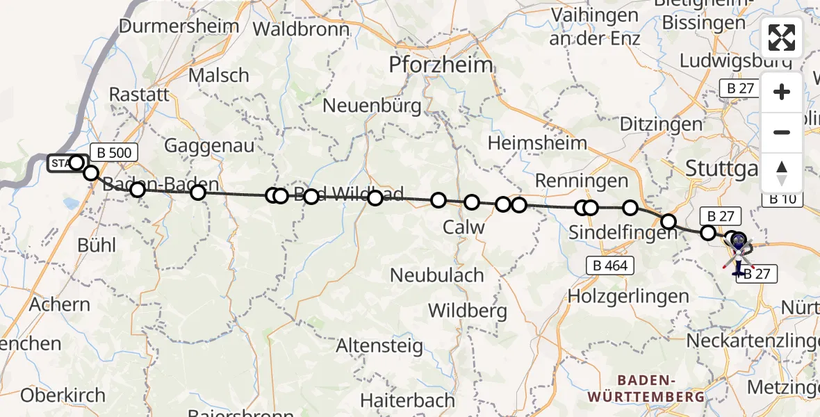 Flugroute Polizeihubschrauber Karlsruhe Baden-Baden Flughafen - Flughafen Stuttgart, 28 Mai 2026, 04:53