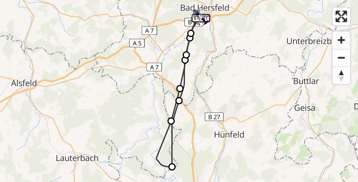 Flugroute Polizeihubschrauber Bad Hersfeld - Bad Hersfeld, 28 Mai 2026, 04:57