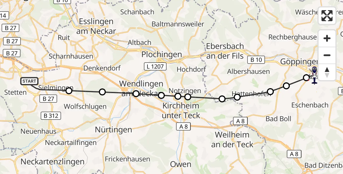 Flugroute Polizeihubschrauber Flughafen Stuttgart - Göppingen, 28 Mai 2026, 05:00