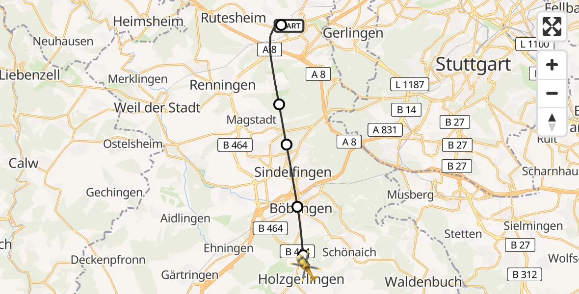 Flugroute Rettungshubschrauber Leonberg Hospital - Holzgerlingen, 28 Mai 2026, 05:10