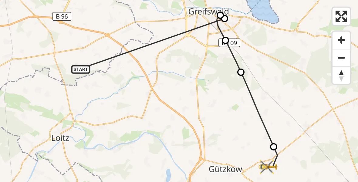 Flugroute Rettungshubschrauber Süderholz - Gribow, 28 Mai 2026, 05:14