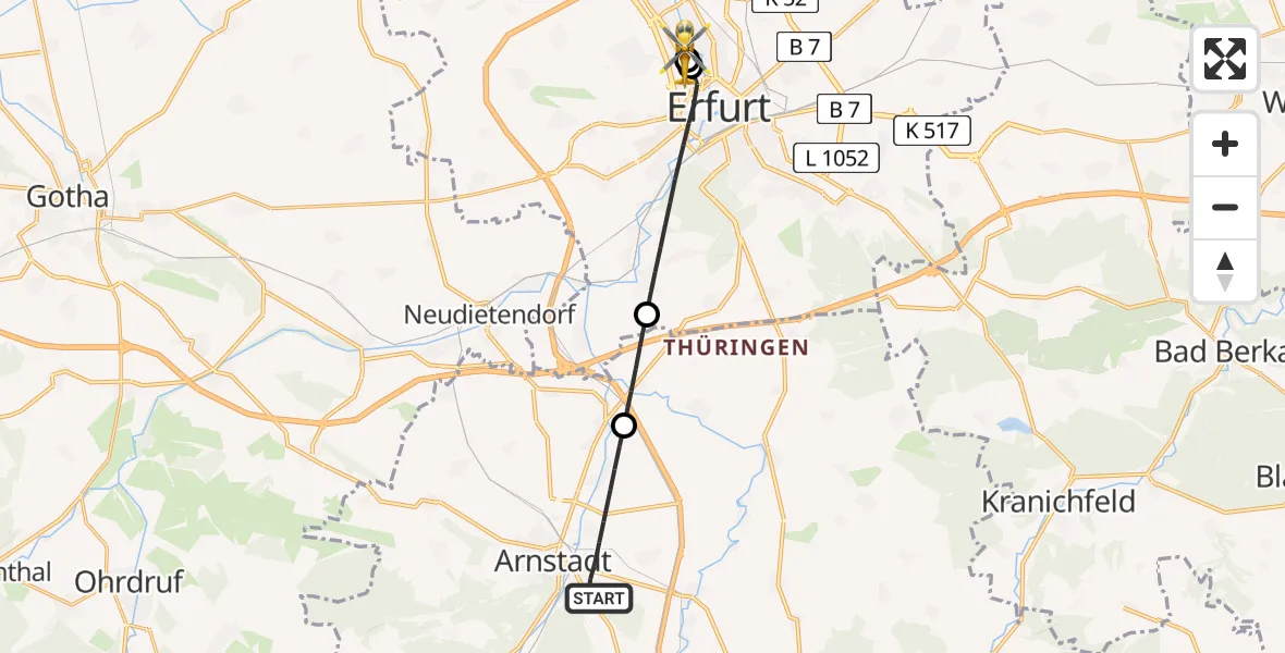 Flugroute Ambulanzhubschrauber Arnstadt - Helios Clinic Erfurt, 28 Mai 2026, 05:31