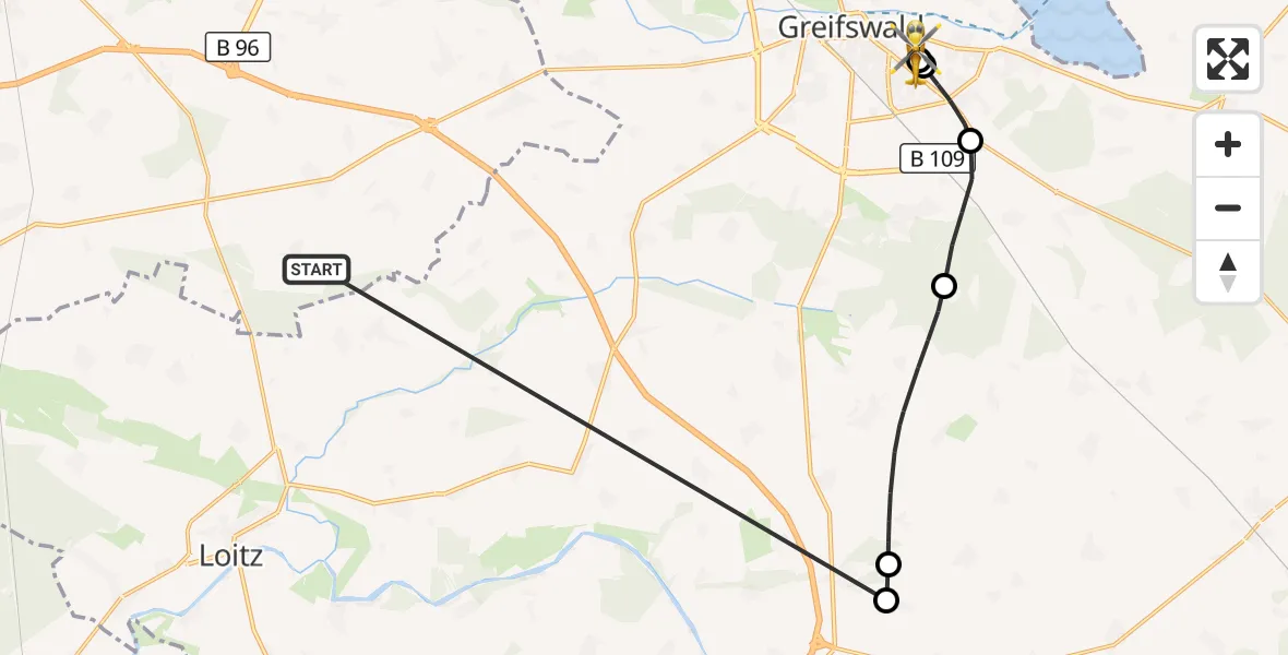Flugroute Rettungshubschrauber Süderholz - Greifswald Hospital, 28 Mai 2026, 05:45