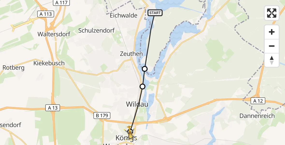 Flugroute Rettungshubschrauber Berlin - Königs Wusterhausen, 28 Mai 2026, 05:50