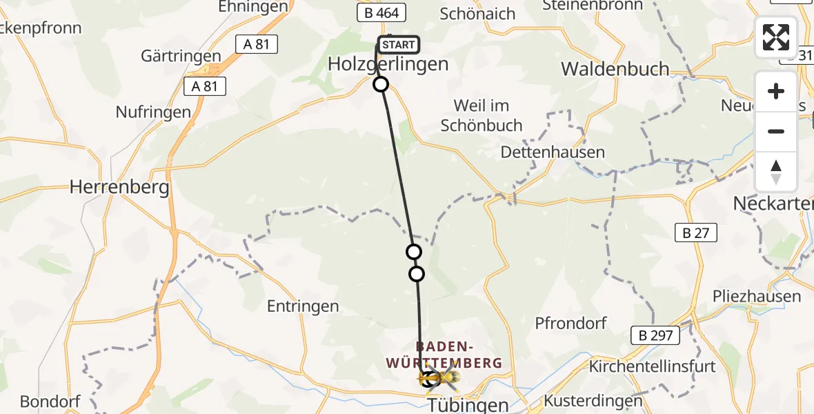 Flugroute Rettungshubschrauber Holzgerlingen - Tübingen University Hospital, 28 Mai 2026, 05:50