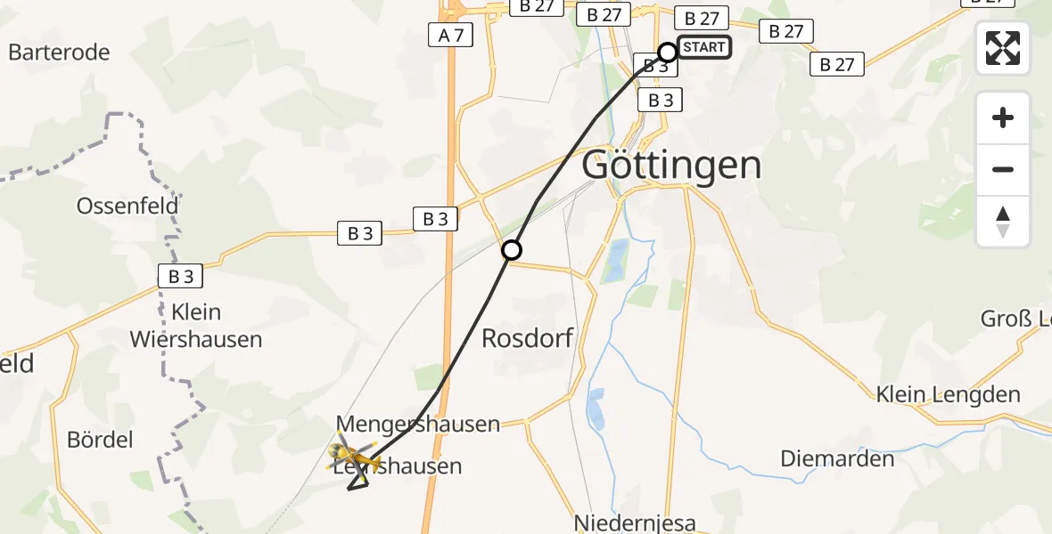 Flugroute Rettungshubschrauber Göttingen University Clinic Hubschrauberlandeplatz - Rosdorf, 28 Mai 2026, 05:52