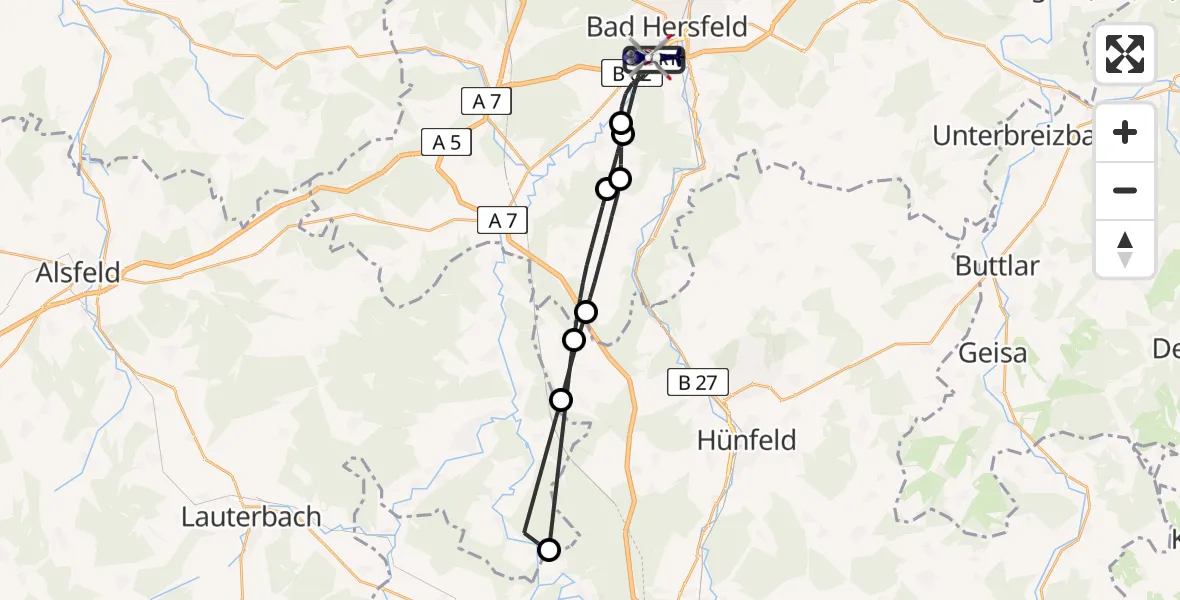 Flugroute Polizeihubschrauber Bad Hersfeld - Bad Hersfeld, 28 Mai 2026, 05:53