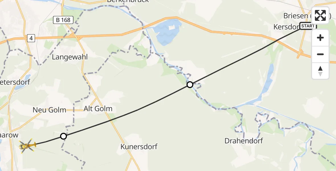 Flugroute Rettungshubschrauber Briesen (Mark) - Bad Saarow, 28 Mai 2026, 06:07