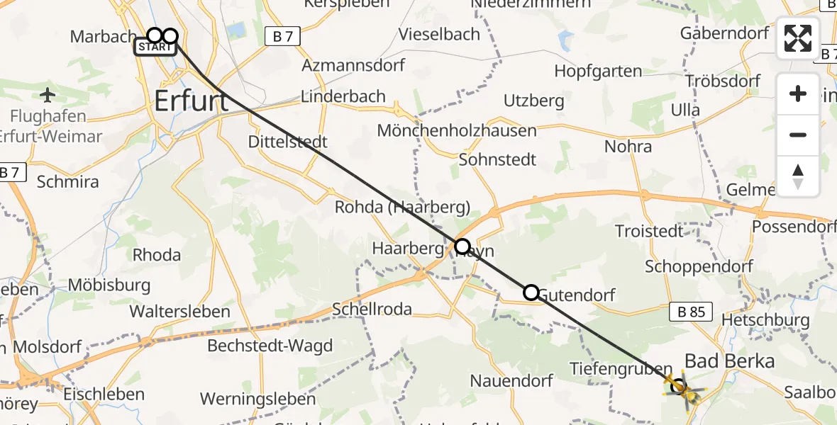 Flugroute Ambulanzhubschrauber Helios Clinic Erfurt - DRF Rettungsstation Bad Berka Hubschrauberlandeplatz, 28 Mai 2026, 06:20