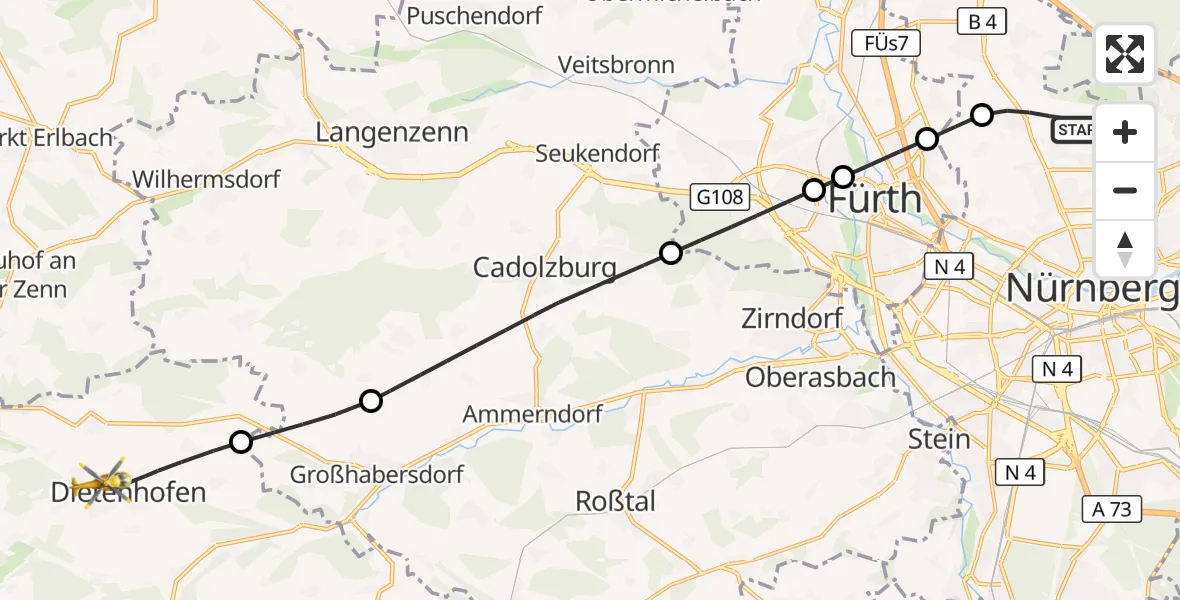 Flugroute Ambulanzhubschrauber Flughafen Nuremberg - Dietenhofen, 28 Mai 2026, 06:31
