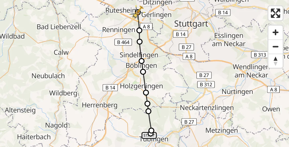 Flugroute Rettungshubschrauber Tübingen University Hospital - Leonberg Hospital, 28 Mai 2026, 06:40