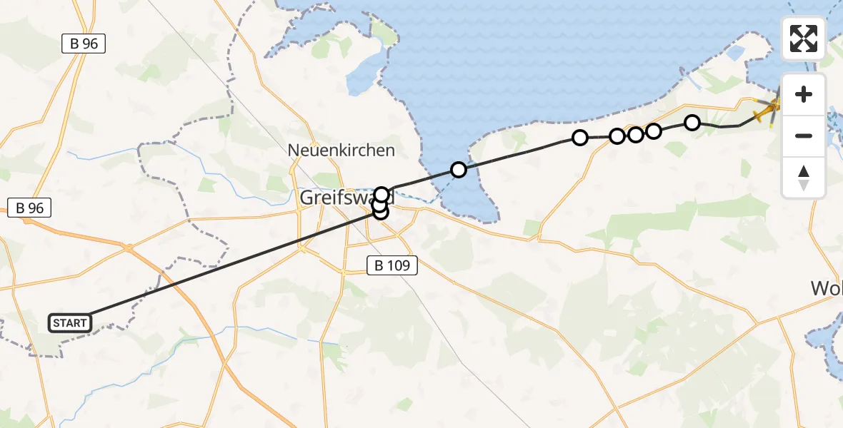 Flugroute Rettungshubschrauber Süderholz - Rubenow, 28 Mai 2026, 06:42