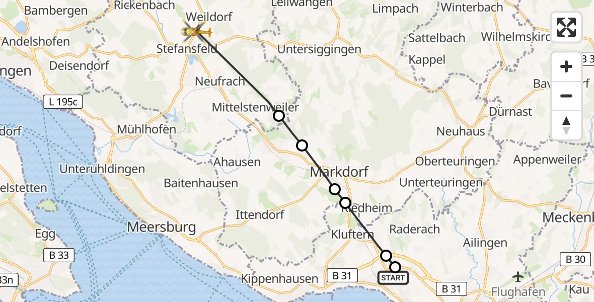 Flugroute Rettungshubschrauber Friedrichshafen Hospital - Salem, 28 Mai 2026, 06:46