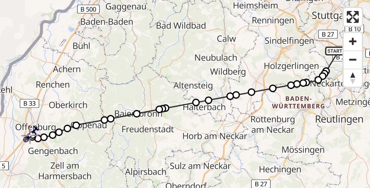 Flugroute Polizeihubschrauber Flughafen Stuttgart - Offenburg-Baden Flugplatz, 28 Mai 2026, 06:47