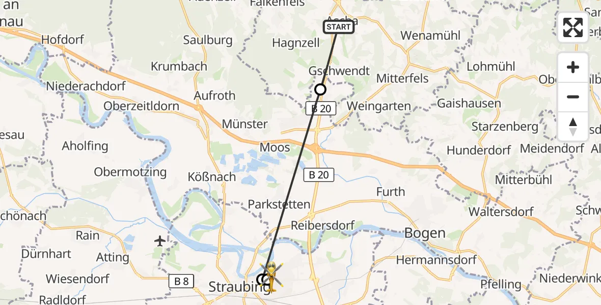 Flugroute Rettungshubschrauber Ascha - Sankt Elisabeth Hospital Straubing, 28 Mai 2026, 06:49