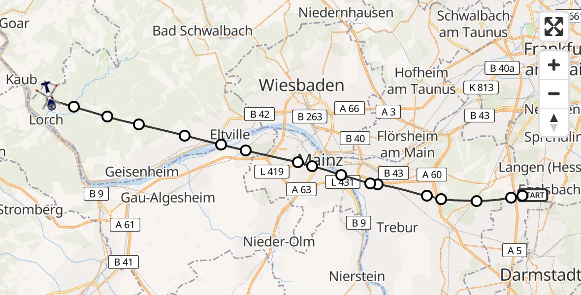Flugroute Polizeihubschrauber Flughafen Frankfurt-Egelsbach - Lorch, 28 Mai 2026, 06:55