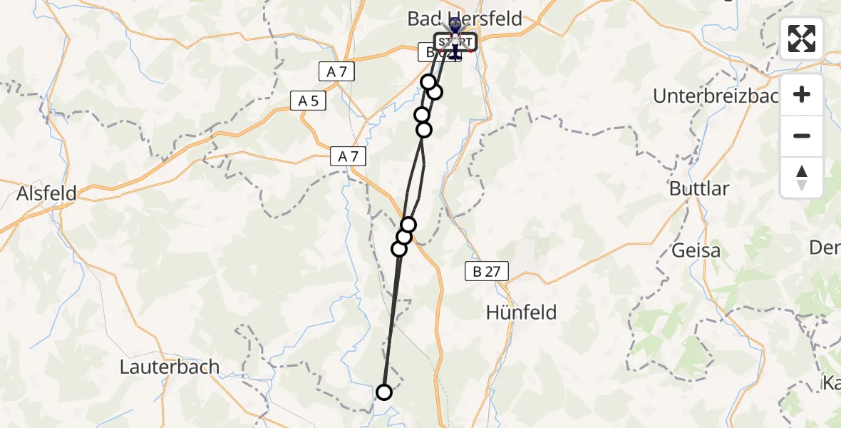 Flugroute Polizeihubschrauber Bad Hersfeld - Bad Hersfeld, 28 Mai 2026, 07:01