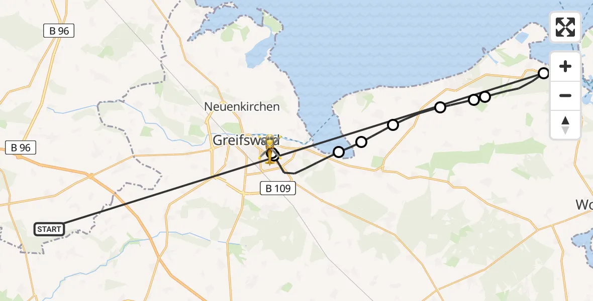 Flugroute Rettungshubschrauber Süderholz - Greifswald Hospital, 28 Mai 2026, 07:07