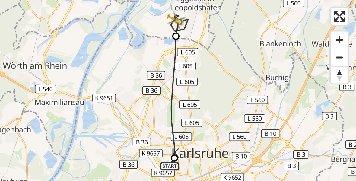 Flugroute Rettungshubschrauber Sankt Vincentius Hospital - Eggenstein-Leopoldshafen, 28 Mai 2026, 07:09