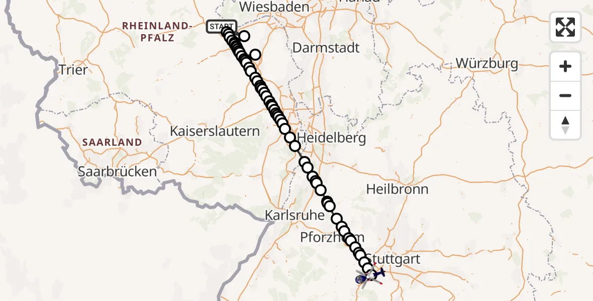 Flugroute Polizeihubschrauber Weiler bei Bingen - Böblingen, 28 Mai 2026, 07:11