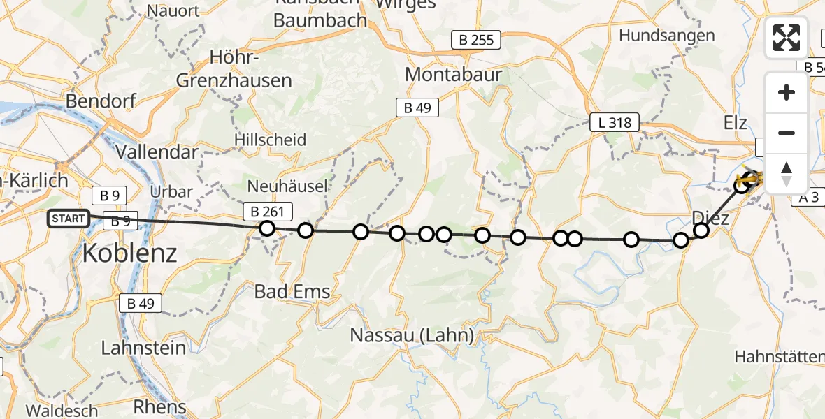 Flugroute Rettungshubschrauber Koblenz - Saint Vincent Hospital Limburg, 28 Mai 2026, 07:13