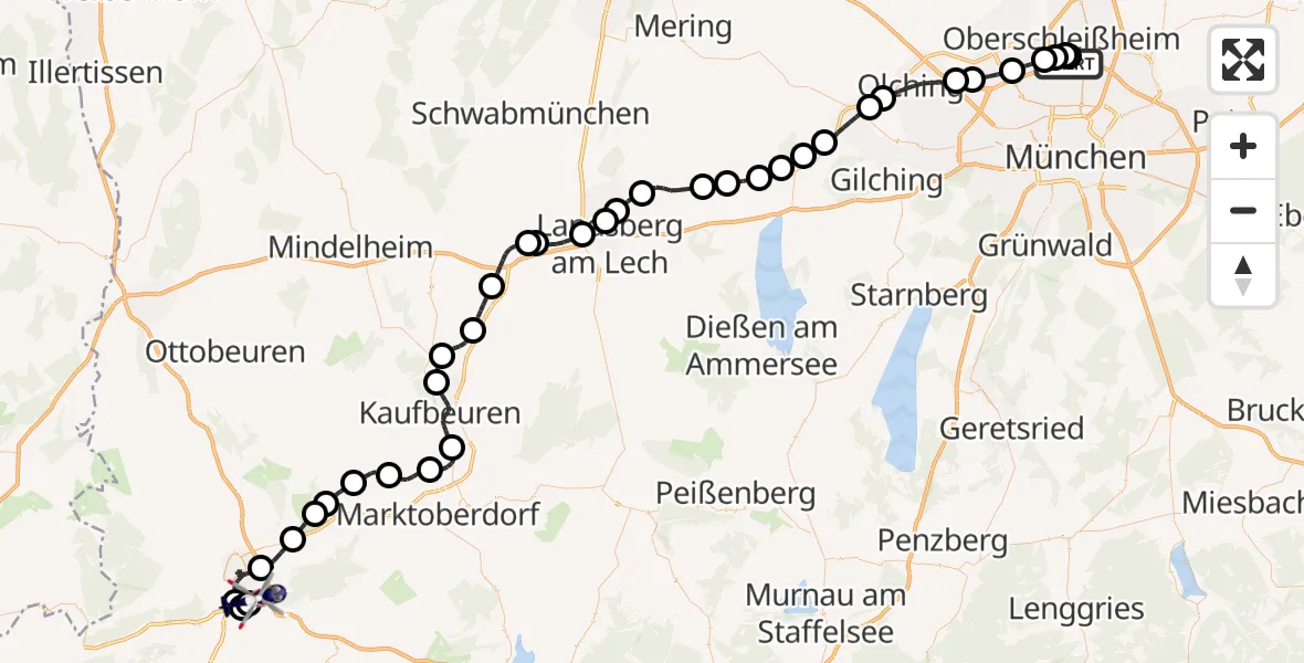 Flugroute Polizeihubschrauber Oberschleißheim - Kempten-Durach Flugplatz, 28 Mai 2026, 07:17