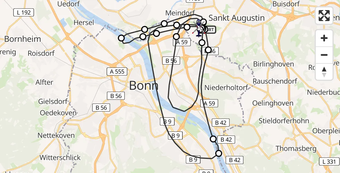 Flugroute Polizeihubschrauber Bonn-Hangelar Flugplatz - Sankt Augustin, 28 Mai 2026, 07:31
