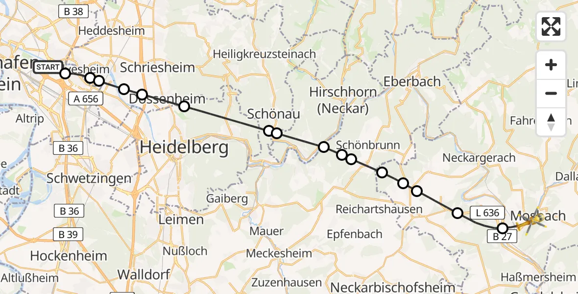 Flugroute Rettungshubschrauber Mannheim-City Flughafen - Mosbach, 28 Mai 2026, 07:36