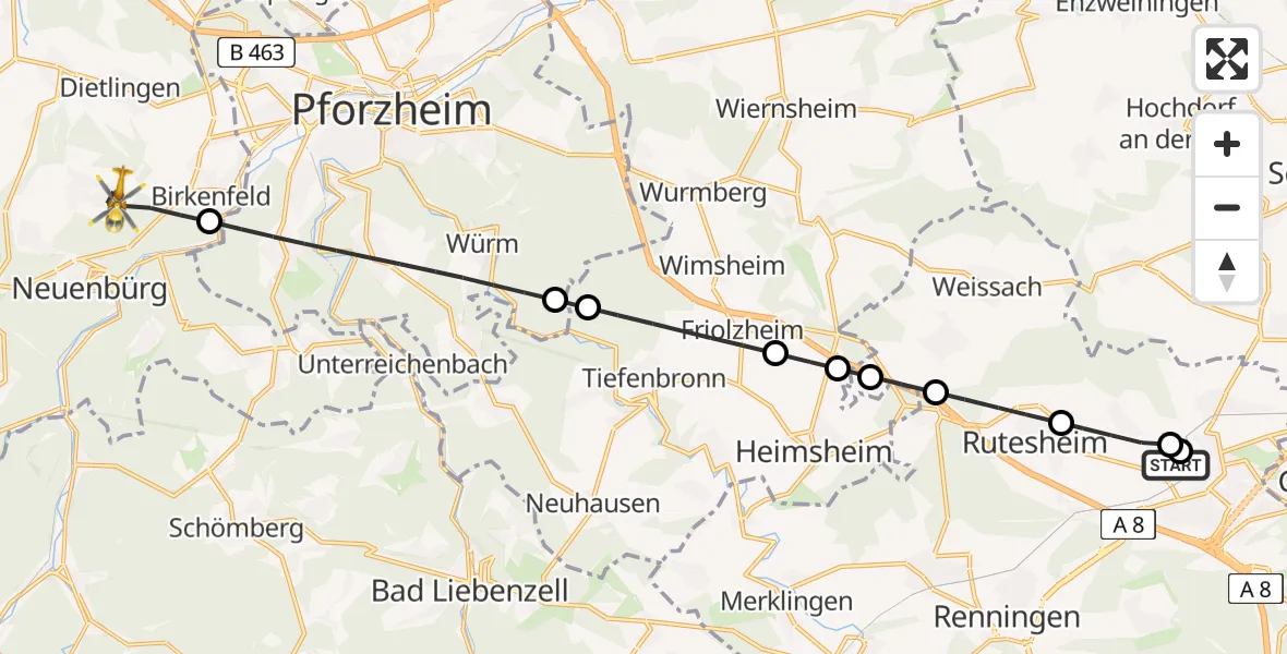 Flugroute Rettungshubschrauber Leonberg Hospital - Birkenfeld, 28 Mai 2026, 07:37