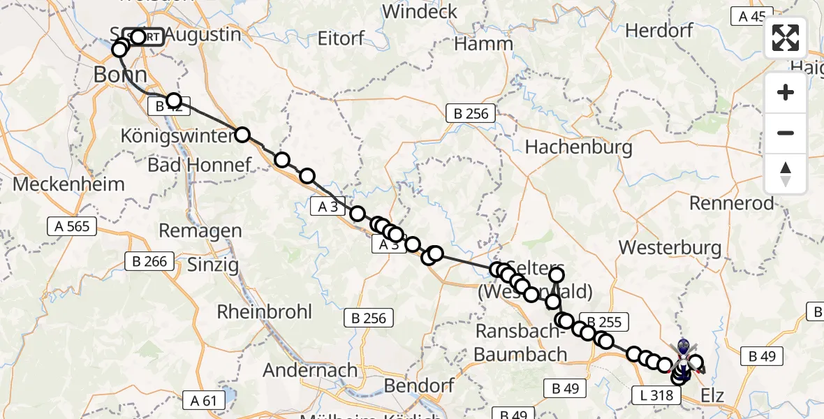 Flugroute Polizeihubschrauber Sankt Augustin - Hundsangen, 28 Mai 2026, 07:39
