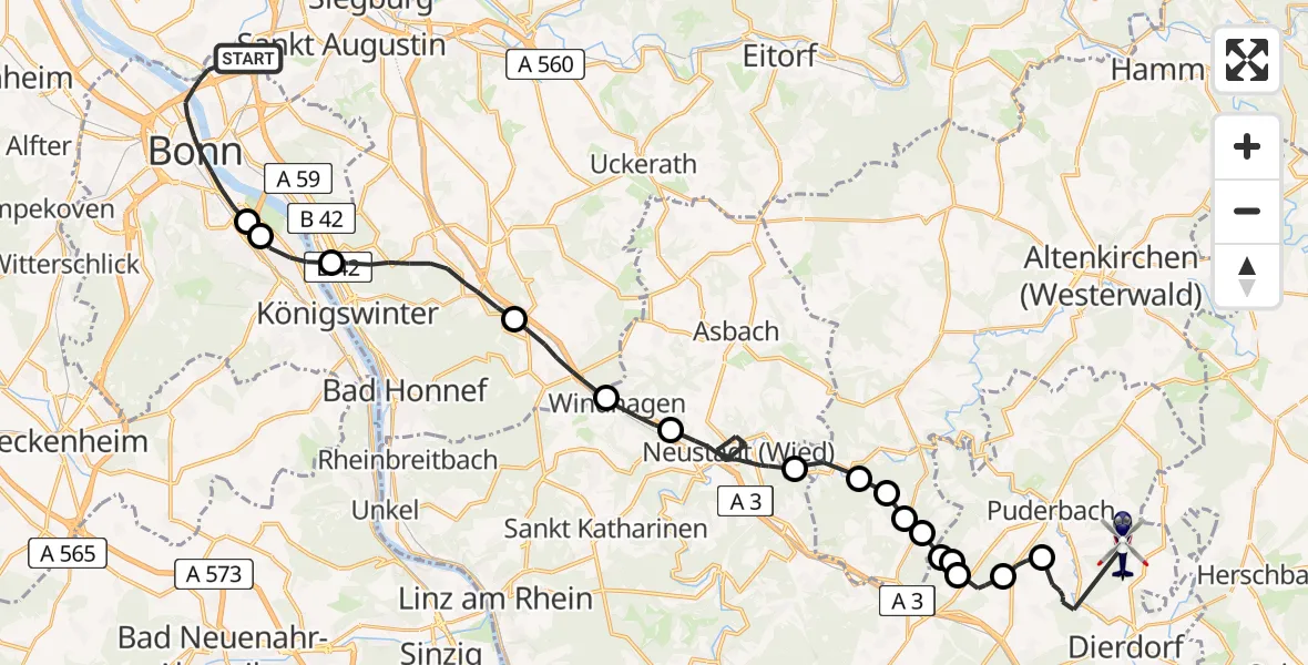 Flugroute Polizeihubschrauber Bonn - Hanroth, 28 Mai 2026, 07:42