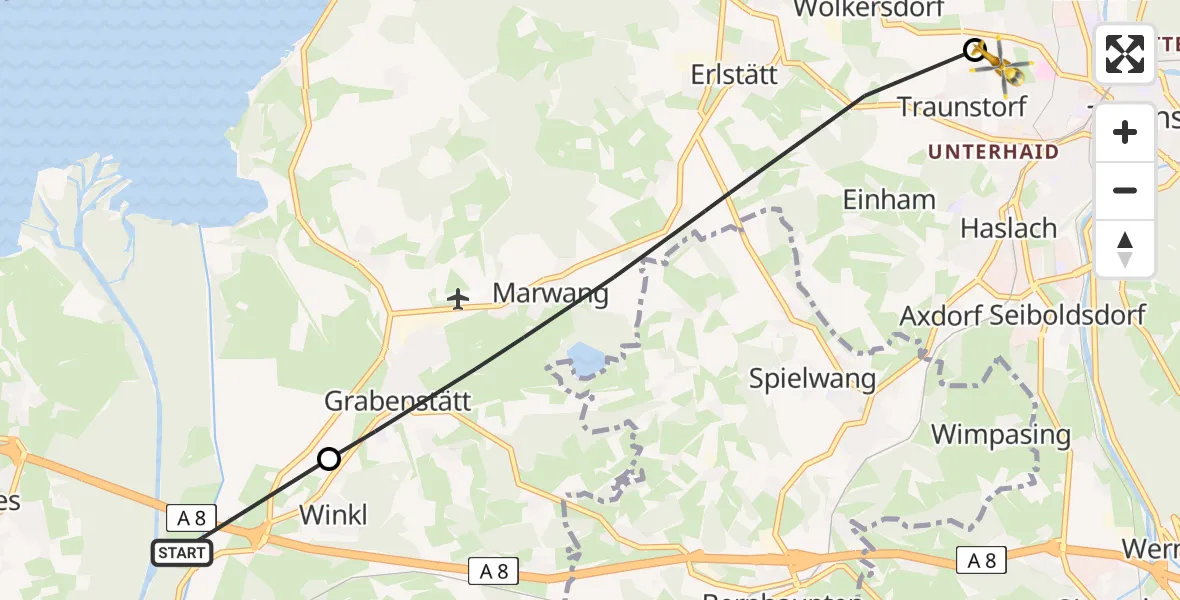 Flugroute Rettungshubschrauber Übersee - Traunstein Krankenhaus Hubschrauberlandeplatz, 28 Mai 2026, 07:49