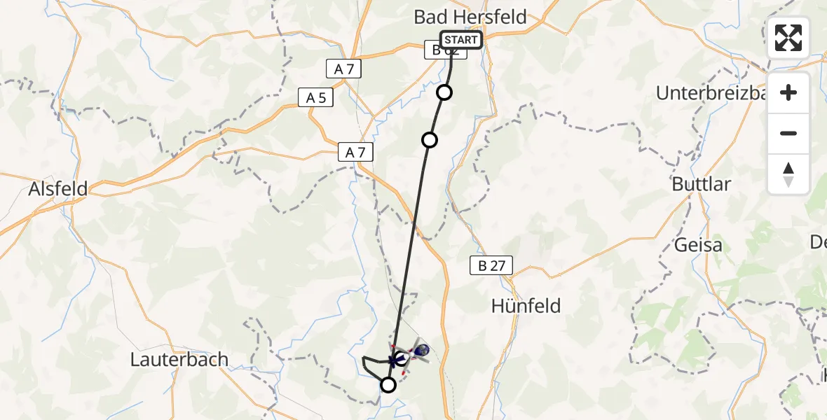 Flugroute Polizeihubschrauber Bad Hersfeld - Hünfeld, 28 Mai 2026, 07:52