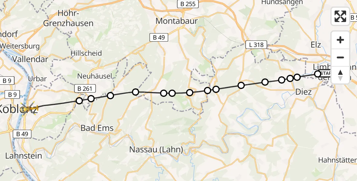 Flugroute Rettungshubschrauber Saint Vincent Hospital Limburg - Koblenz, 28 Mai 2026, 07:54