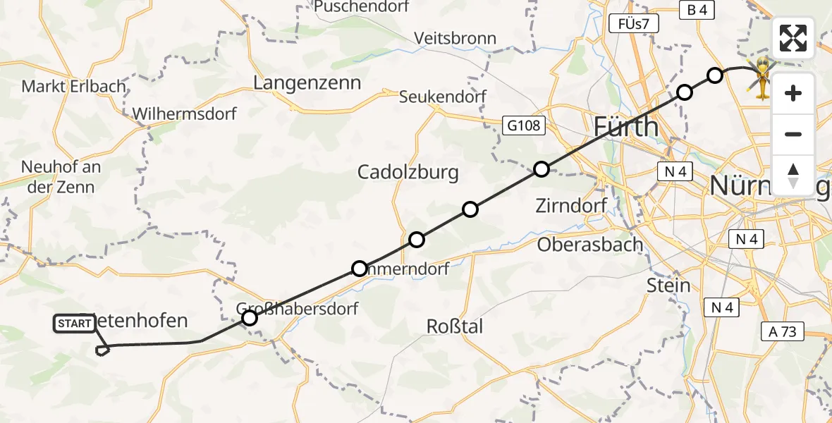 Flugroute Ambulanzhubschrauber Dietenhofen - Flughafen Nuremberg, 28 Mai 2026, 07:57