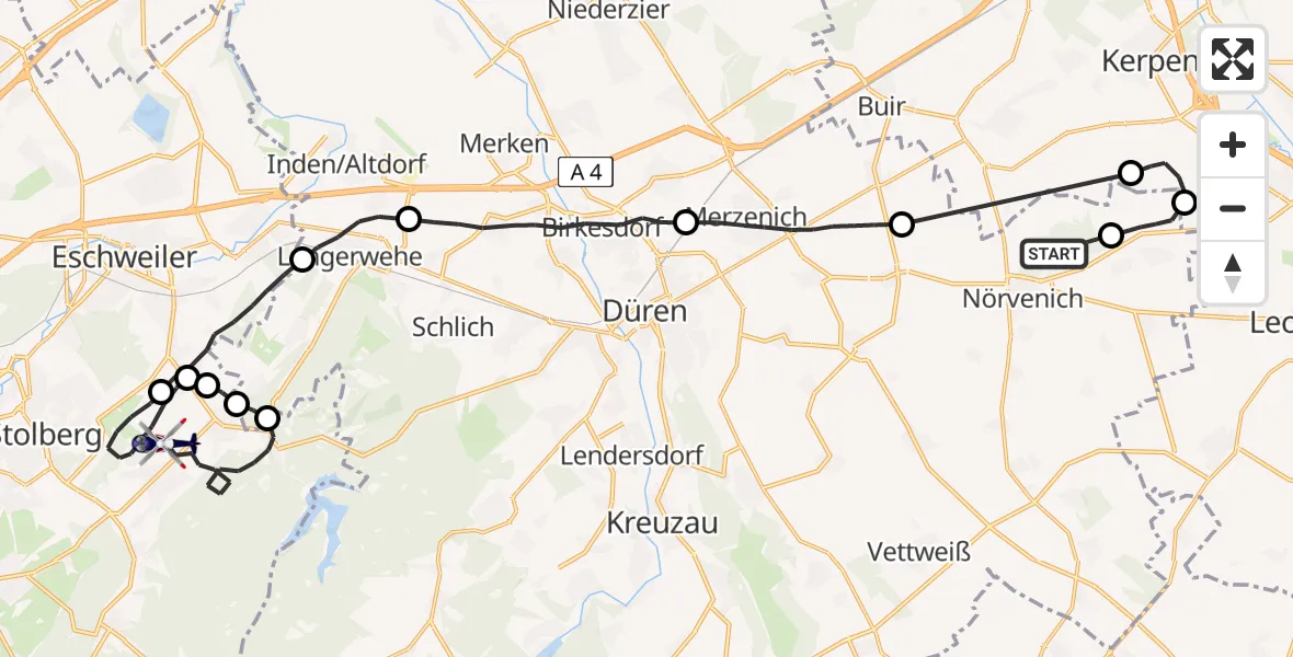 Flugroute Polizeihubschrauber Militärflugplatz Nörvenich - Stolberg-Diepenlinchen Flugplatz, 28 Mai 2026, 08:03