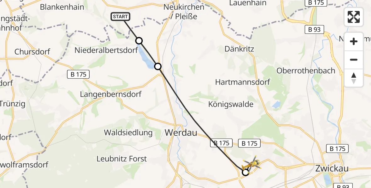 Flugroute Rettungshubschrauber Crimmitschau - ADAC Air Rescue Station Zwickau Hubschrauberlandeplatz, 28 Mai 2026, 08:04