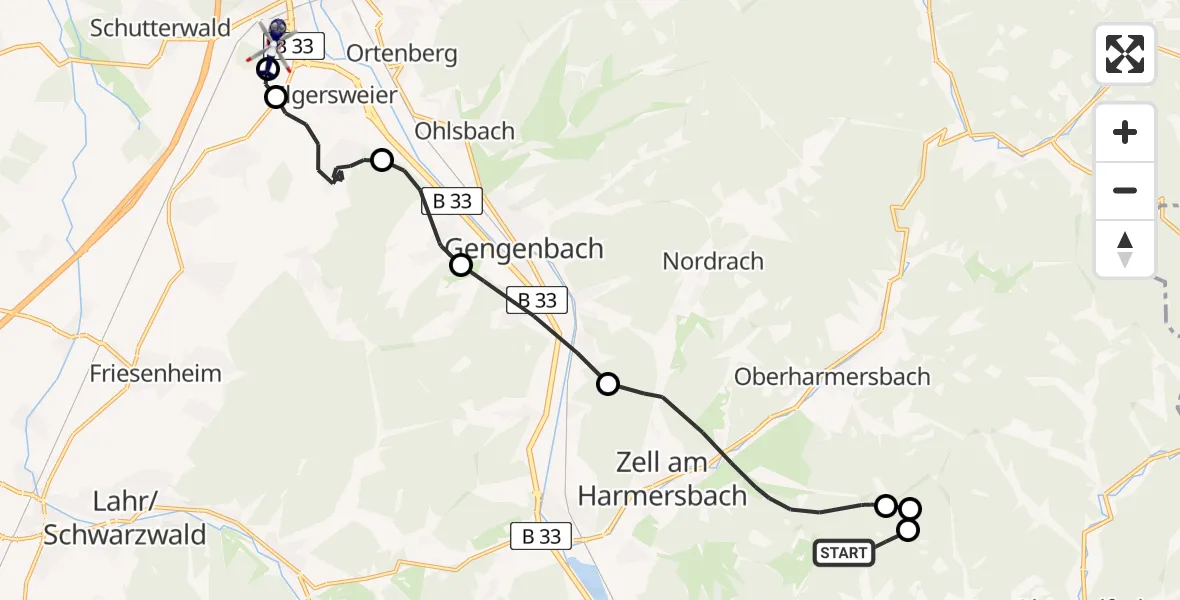 Flugroute Polizeihubschrauber Fischerbach - Offenburg-Baden Flugplatz, 28 Mai 2026, 08:05