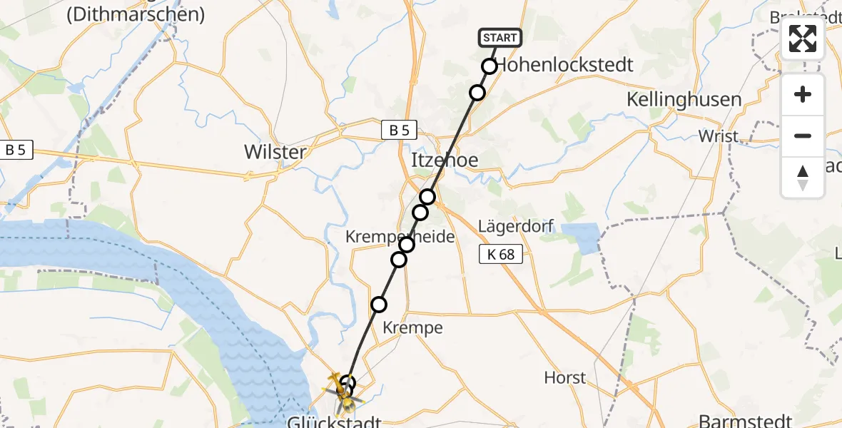 Flugroute Rettungshubschrauber Hohenlockstedt - Glückstadt, 28 Mai 2026, 08:11