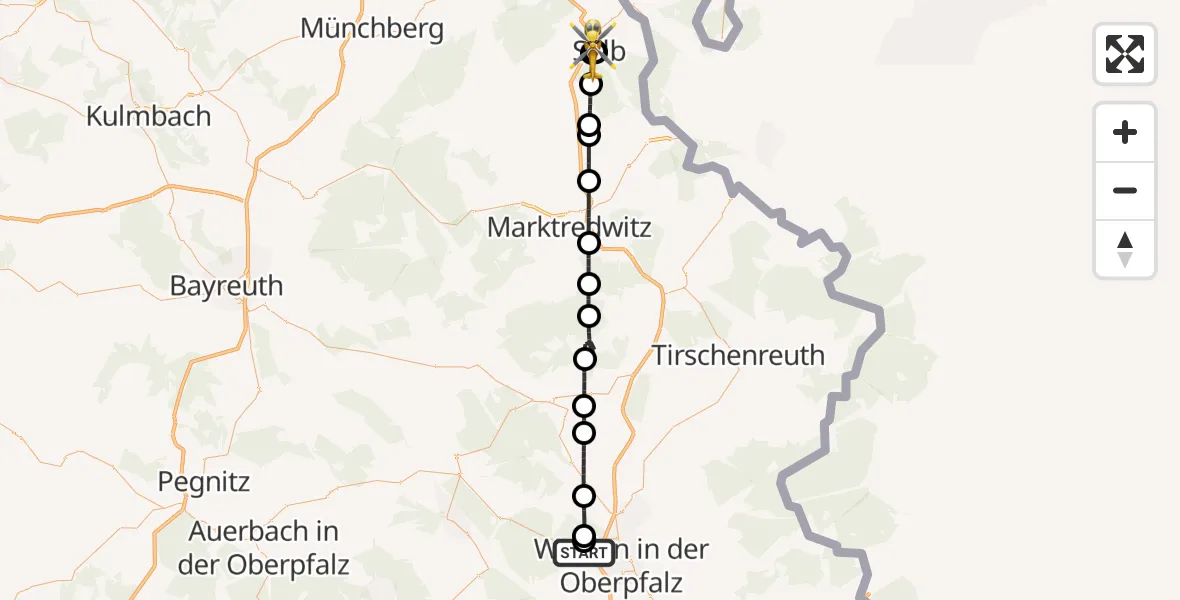 Flugroute Rettungshubschrauber Weiden i.d.OPf. - Fichtelgebirge Hospital Selb Hubschrauberlandeplatz, 28 Mai 2026, 08:12